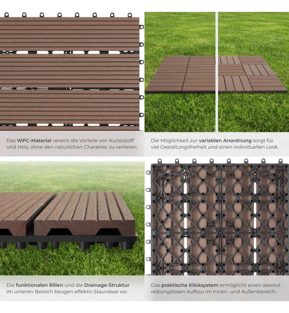 Set di piastrelle da esterno Tegulas in WPC effetto legno - marrone, Set di 22