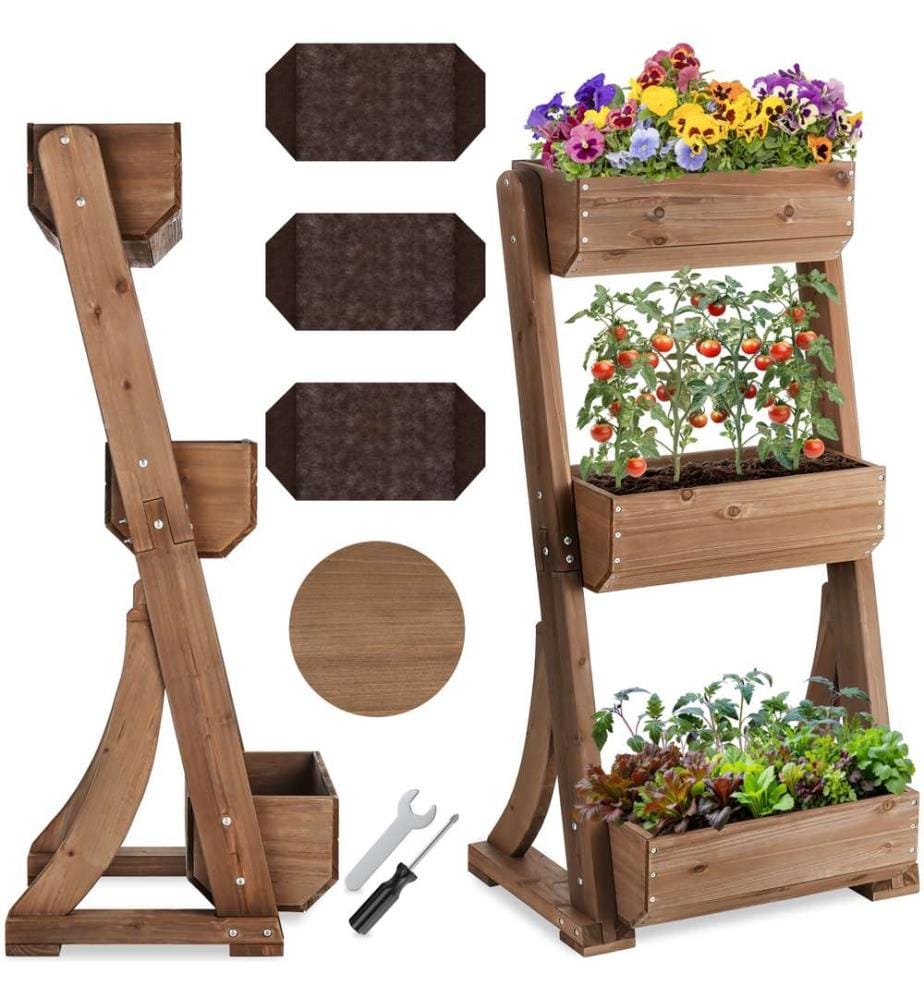 Aiuola verticale Flora, legno verniciato, incluso tessuto non tessuto per piante - marrone, 60 x 49 x 140 cm