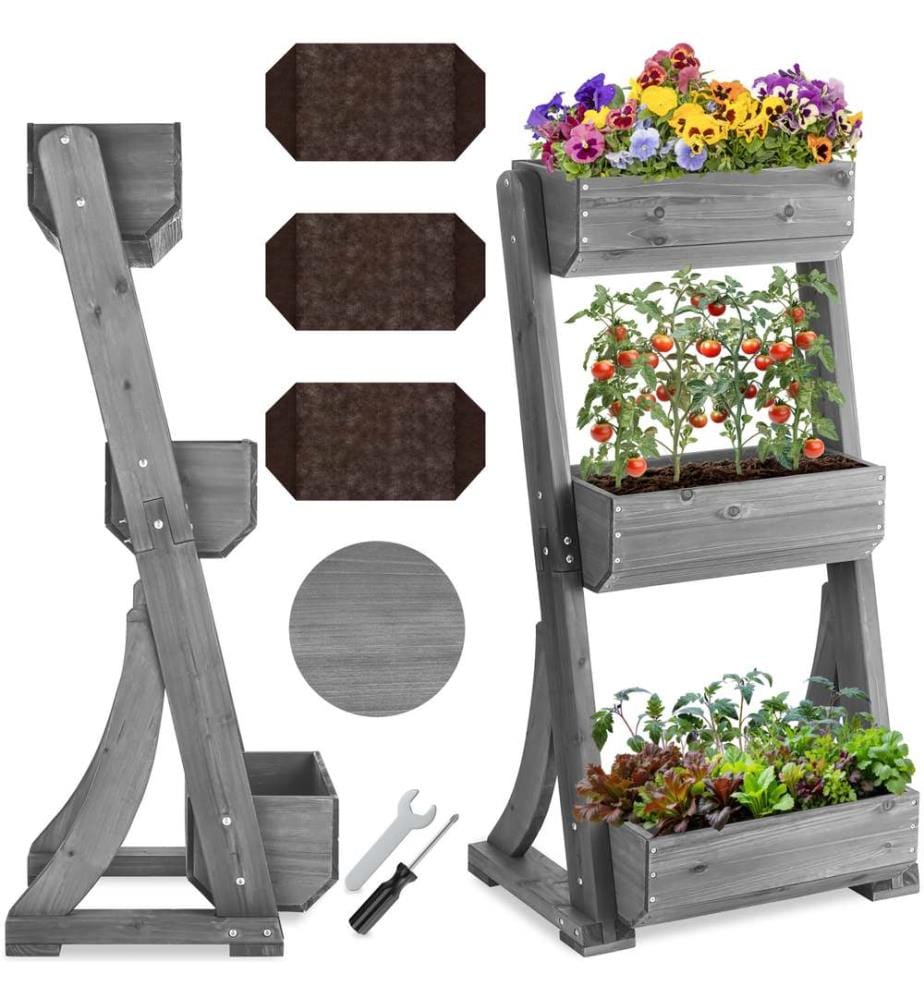 Aiuola verticale Flora, legno verniciato, incluso tessuto non tessuto per piante - grigio, 60 x 49 x 140 cm