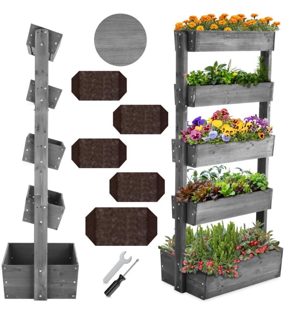 Aiuola verticale Flora, legno verniciato, incluso tessuto non tessuto per piante - grigio, 81 x 52 x 180 cm