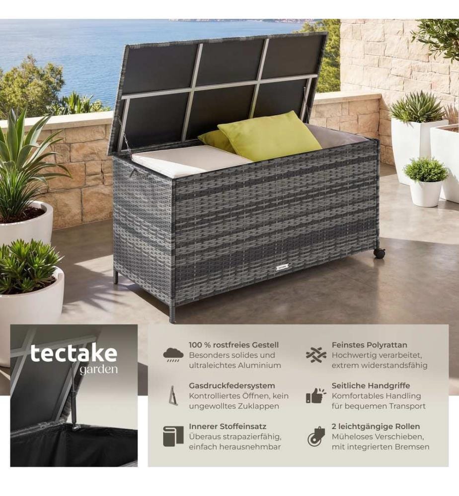 Auflagenbox Kuusamo, Rattan, mit Aluminiumgestell und Rollen - grau