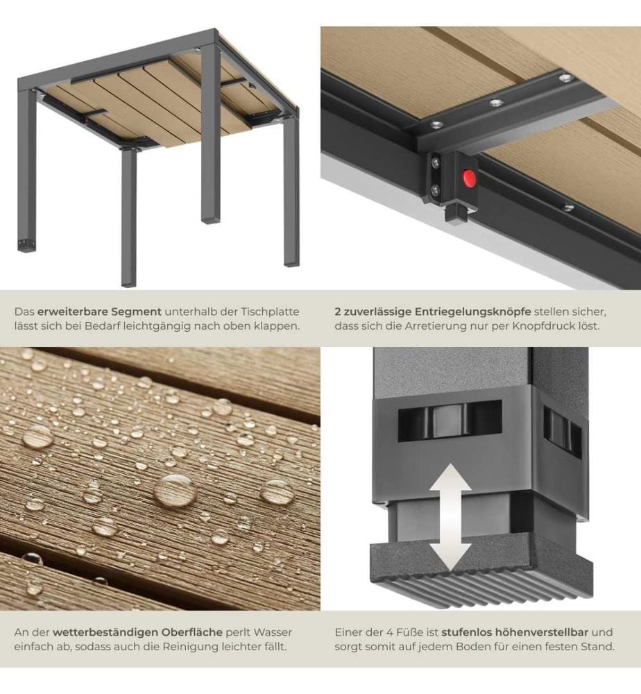 Gartentisch Inca Aluminium, ausziehbar, Holzoptik - schwarzbraun