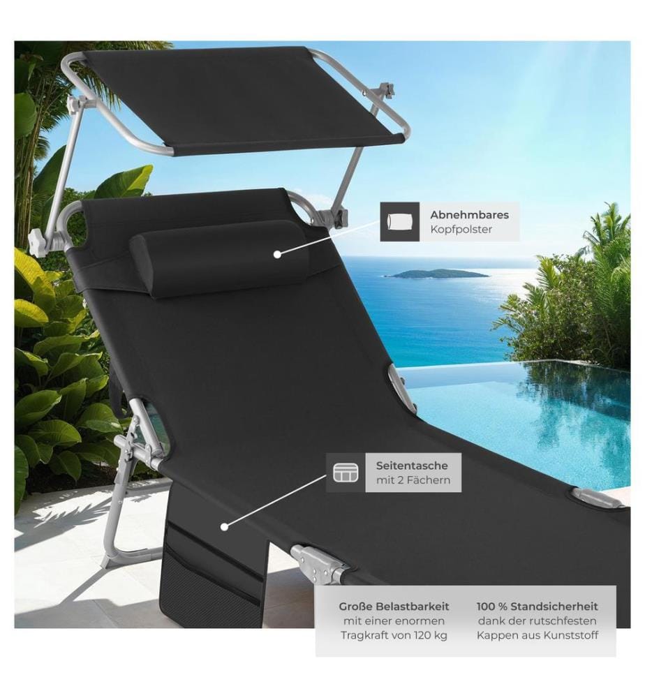 Bain de soleil Chloé 4 positions avec appui-tête et pochette - noir