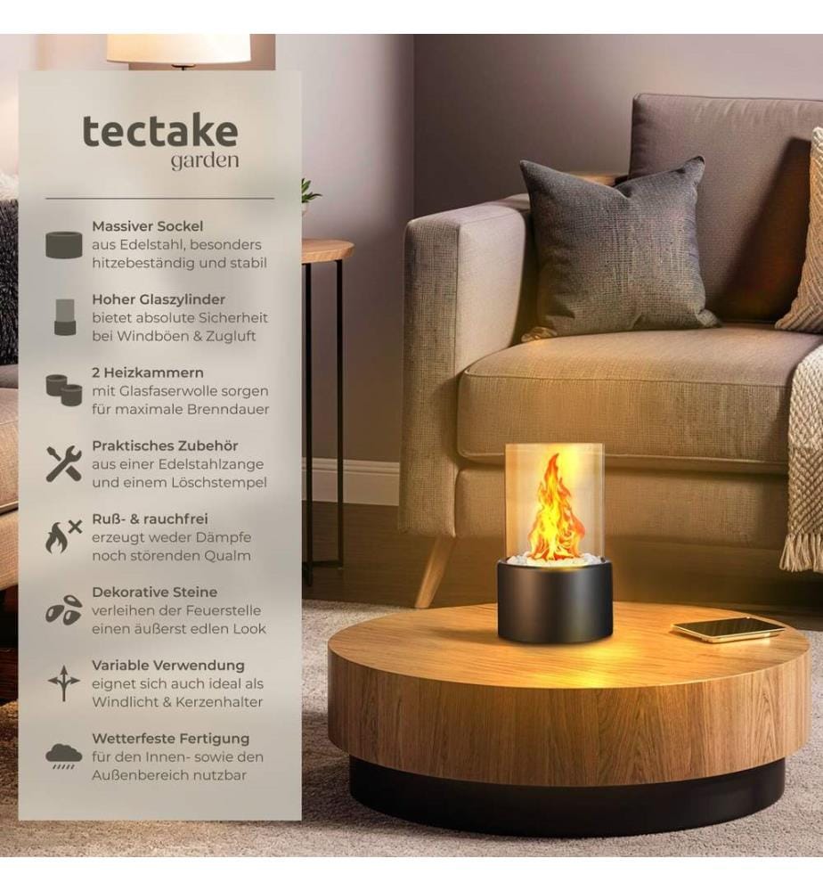 Cheminée de table au bioéthanol Damine, résistante à la chaleur, 2 chambres de combustion - noir