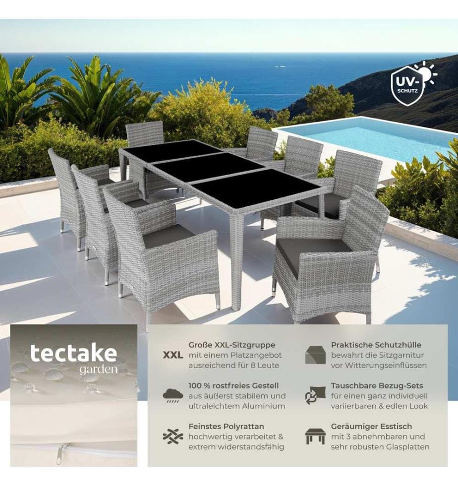 Salon de jardin Menorca 8 places avec 2 sets de housses housse de protection - gris clair