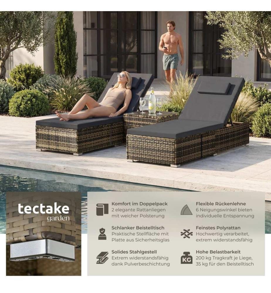 Chaise longue double en rotin avec table Carbonera, dossier réglable - marron naturel