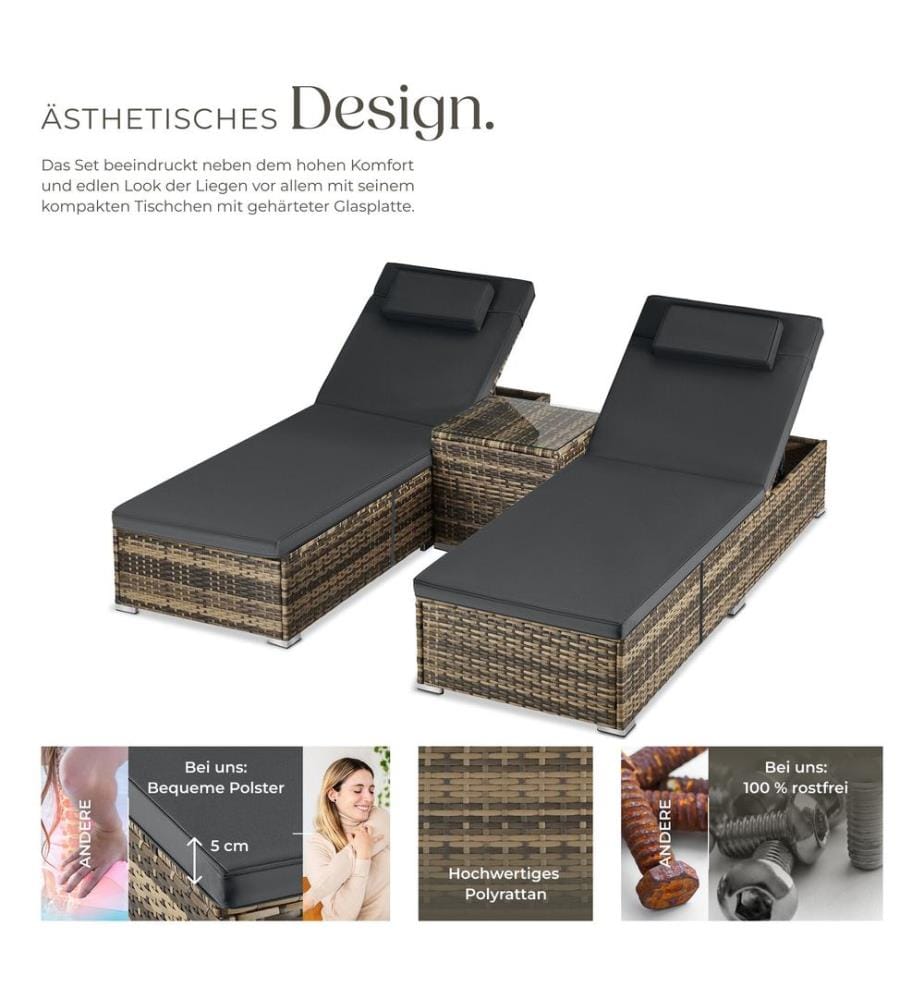 Chaise longue double en rotin avec table Carbonera, dossier réglable - marron naturel