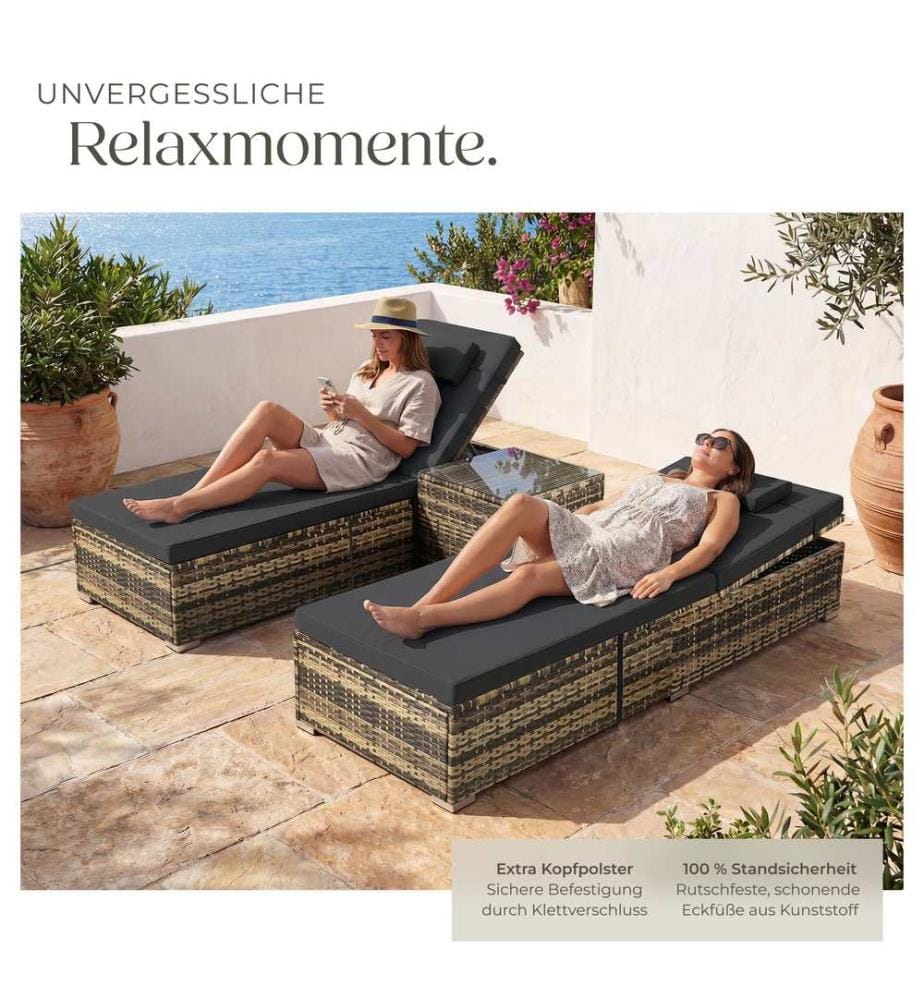 Chaise longue double en rotin avec table Carbonera, dossier réglable - marron naturel
