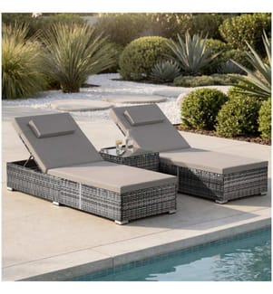 Chaise longue double en rotin avec table Carbonera, dossier réglable - gris