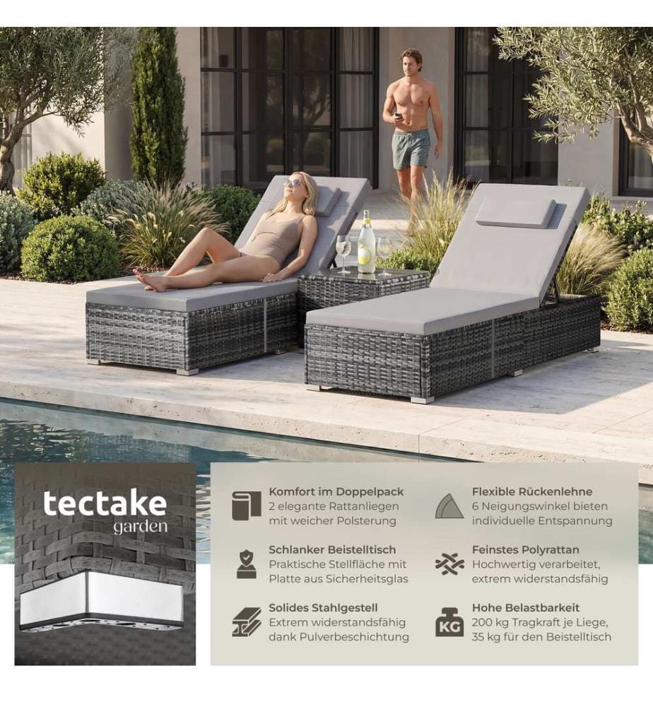 Chaise longue double en rotin avec table Carbonera, dossier réglable - gris