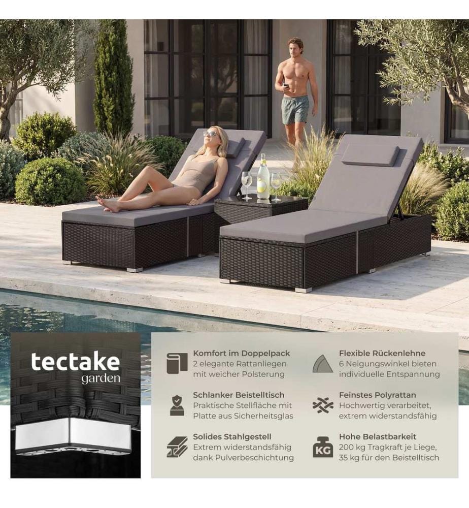 Chaise longue double en rotin avec table Carbonera, dossier réglable - noir