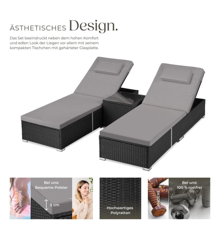 Chaise longue double en rotin avec table Carbonera, dossier réglable - noir
