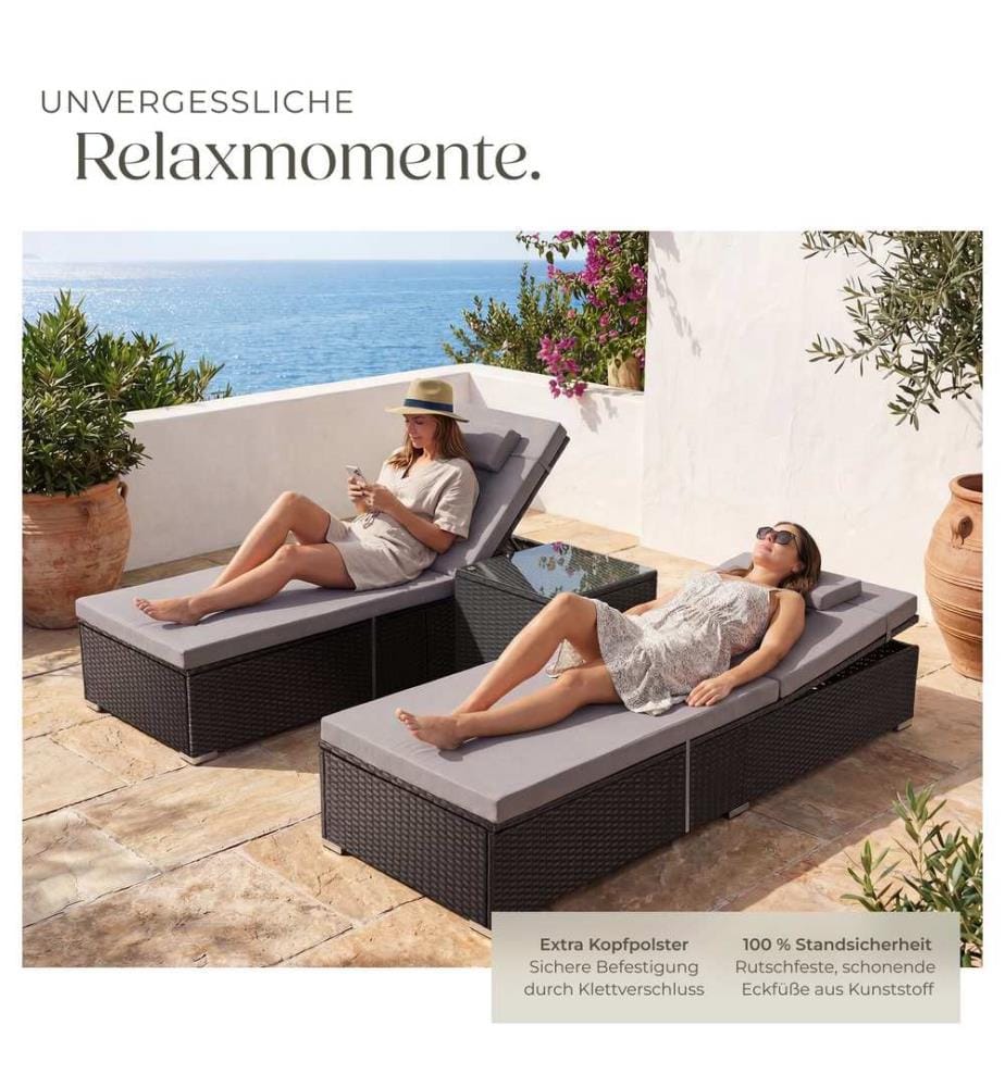 Chaise longue double en rotin avec table Carbonera, dossier réglable - noir