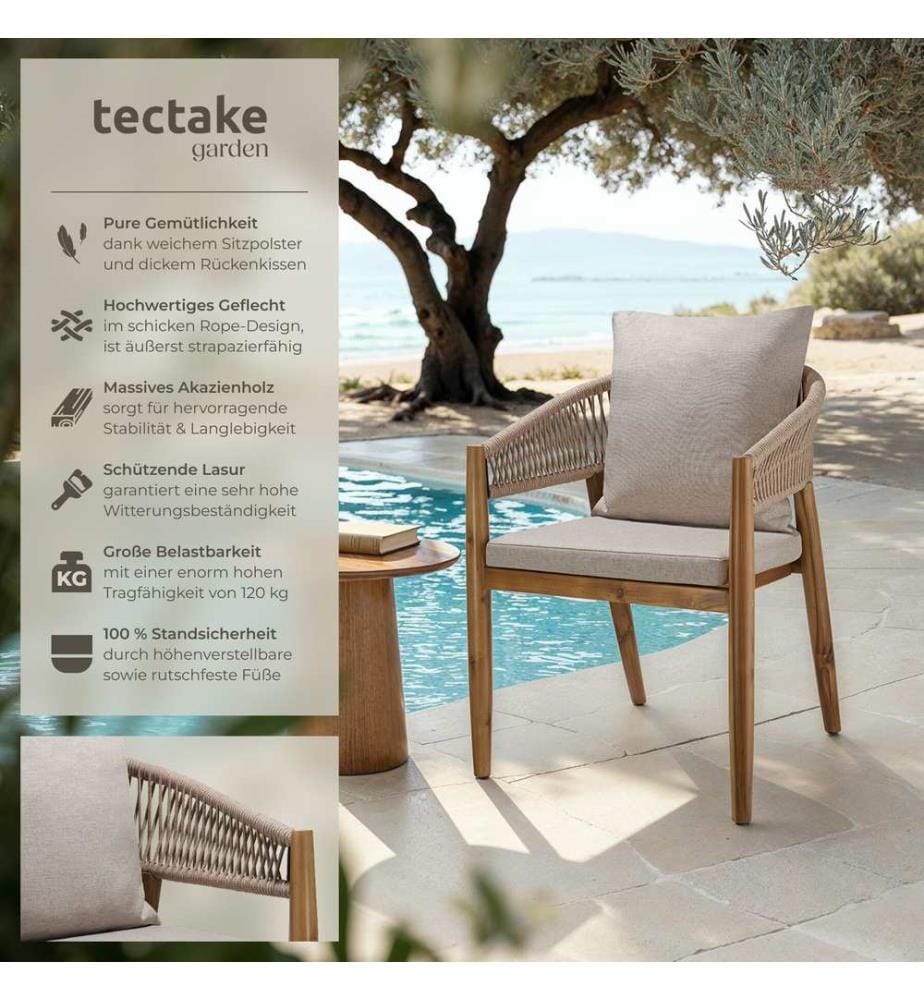 Chaise de jardin MANACOR au design corde - sable, Lot de 4