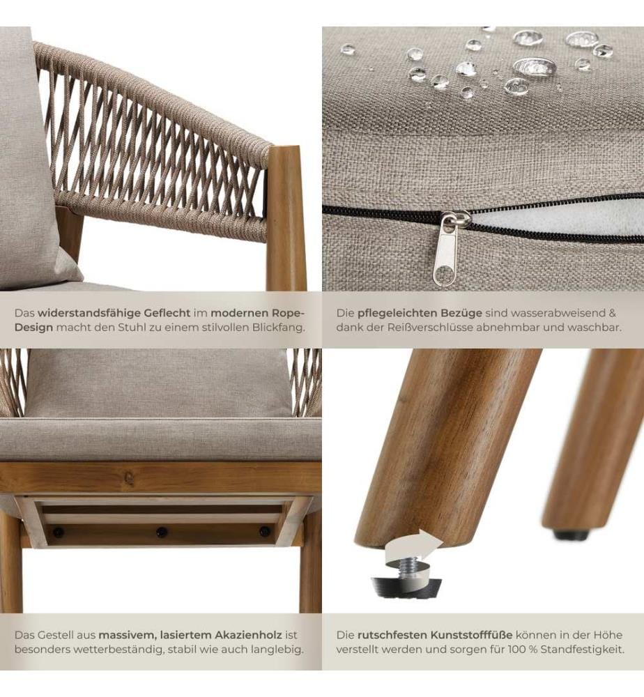 Chaise de jardin MANACOR au design corde - sable, Lot de 4