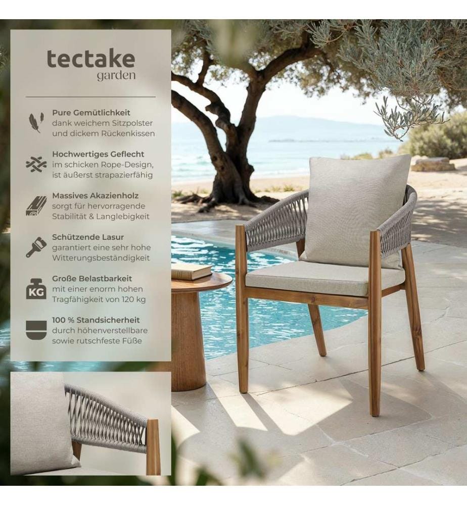 Chaise de jardin MANACOR au design corde - grège, Lot de 4