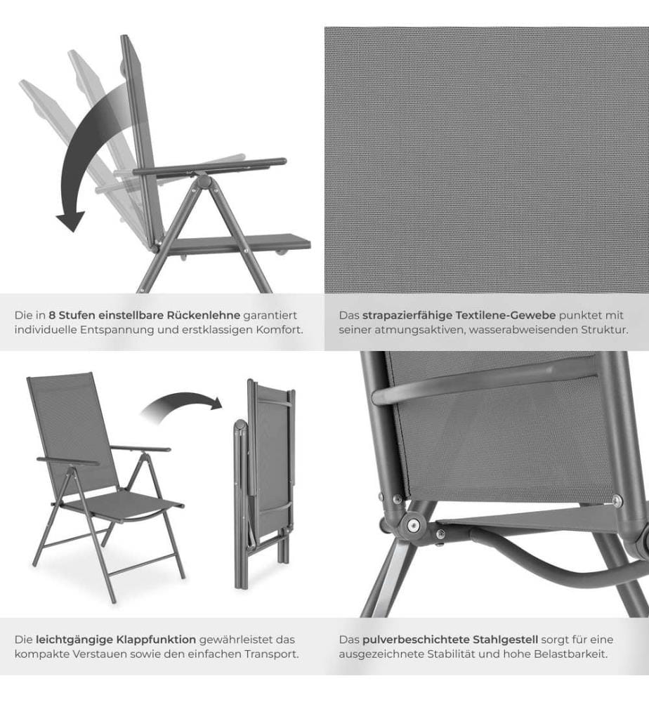 Chaises de jardin pliantes avec dossier réglable, en tissu maillé - gris anthracite, Lot de 2