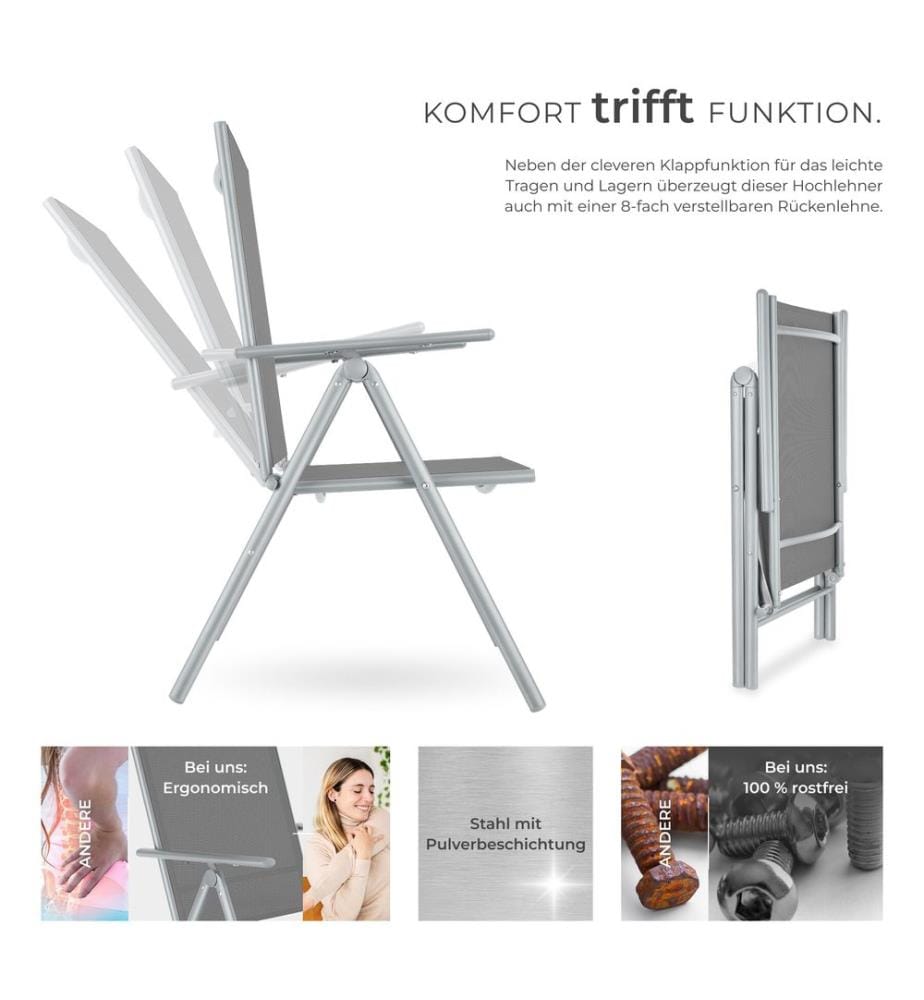 Chaises de jardin pliantes avec dossier réglable, en tissu maillé - argent, Lot de 4