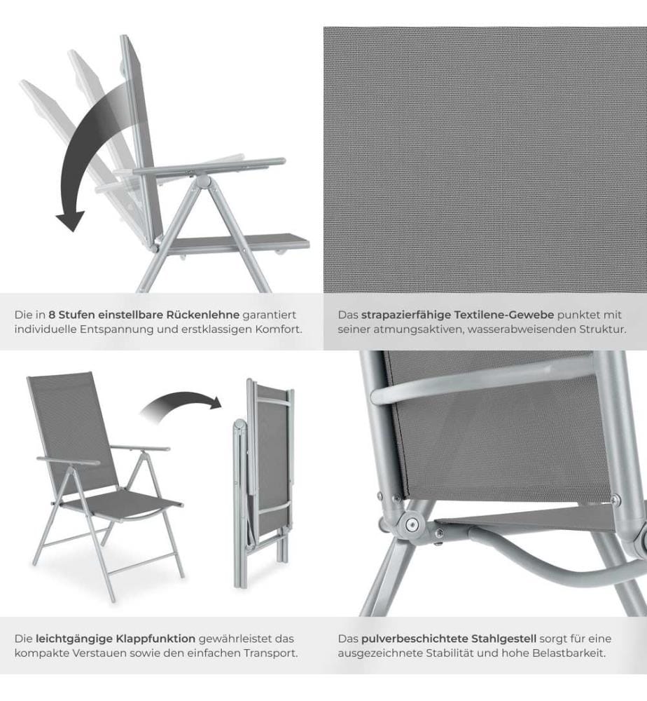 Chaises de jardin pliantes avec dossier réglable, en tissu maillé - argent, Lot de 4