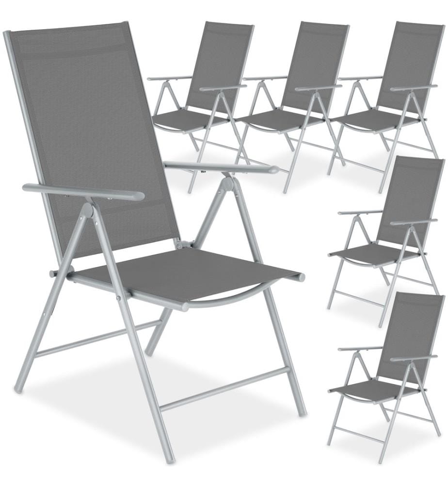 Chaises de jardin pliantes avec dossier réglable, en tissu maillé - argent, Lot de 6