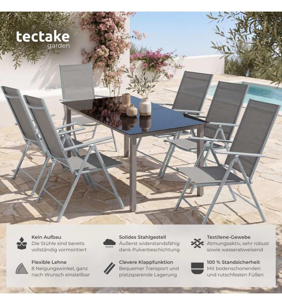 Chaises de jardin pliantes avec dossier réglable, en tissu maillé - argent, Lot de 6