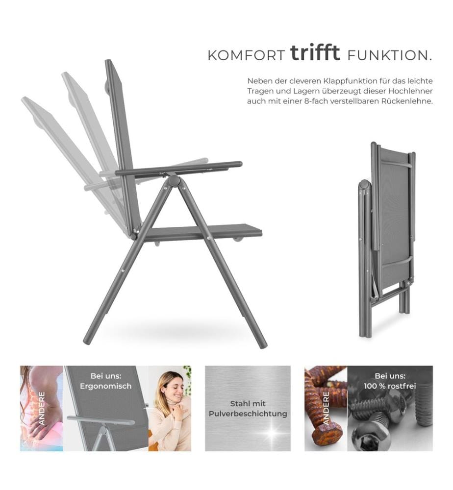 Chaises de jardin pliantes avec dossier réglable, en tissu maillé - gris anthracite, Lot de 6