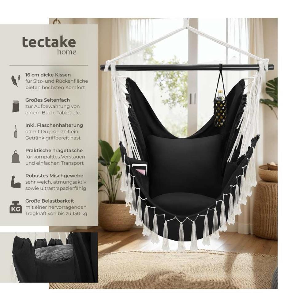Fauteuil suspendu Malika, style boho, capacité de charge 150 kg - noir