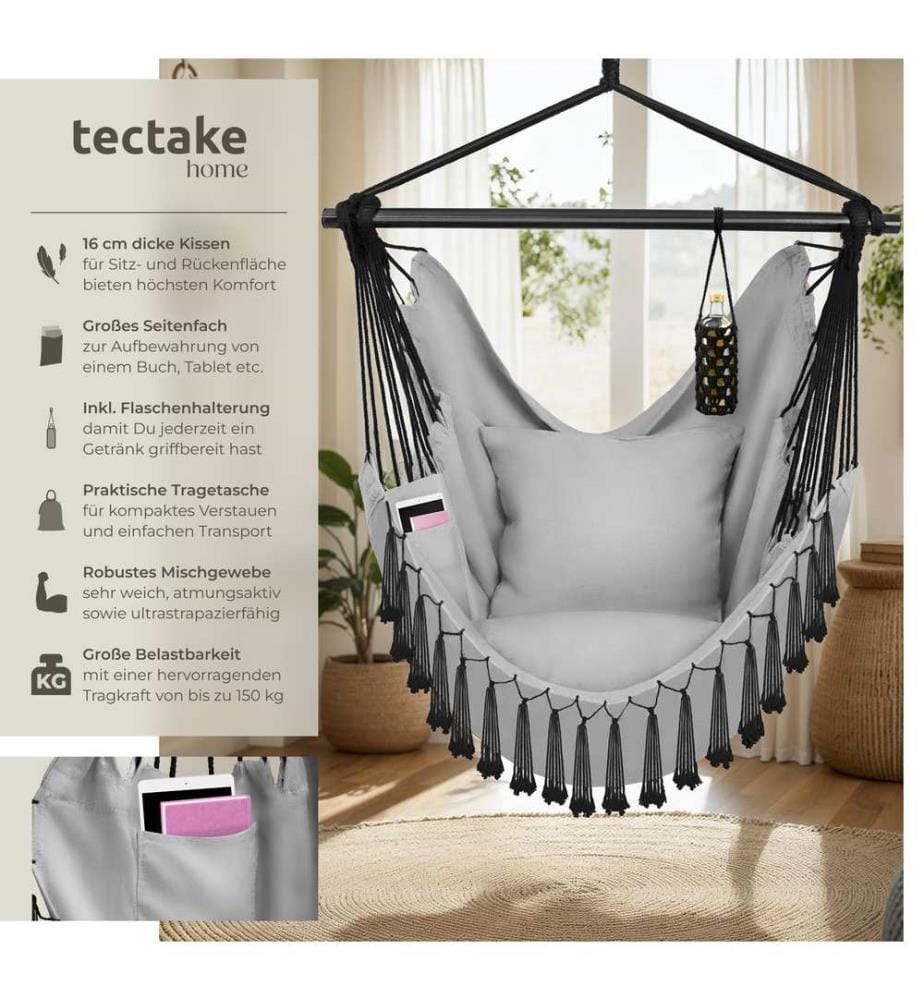 Fauteuil suspendu Malika, style boho, capacité de charge 150 kg - gris