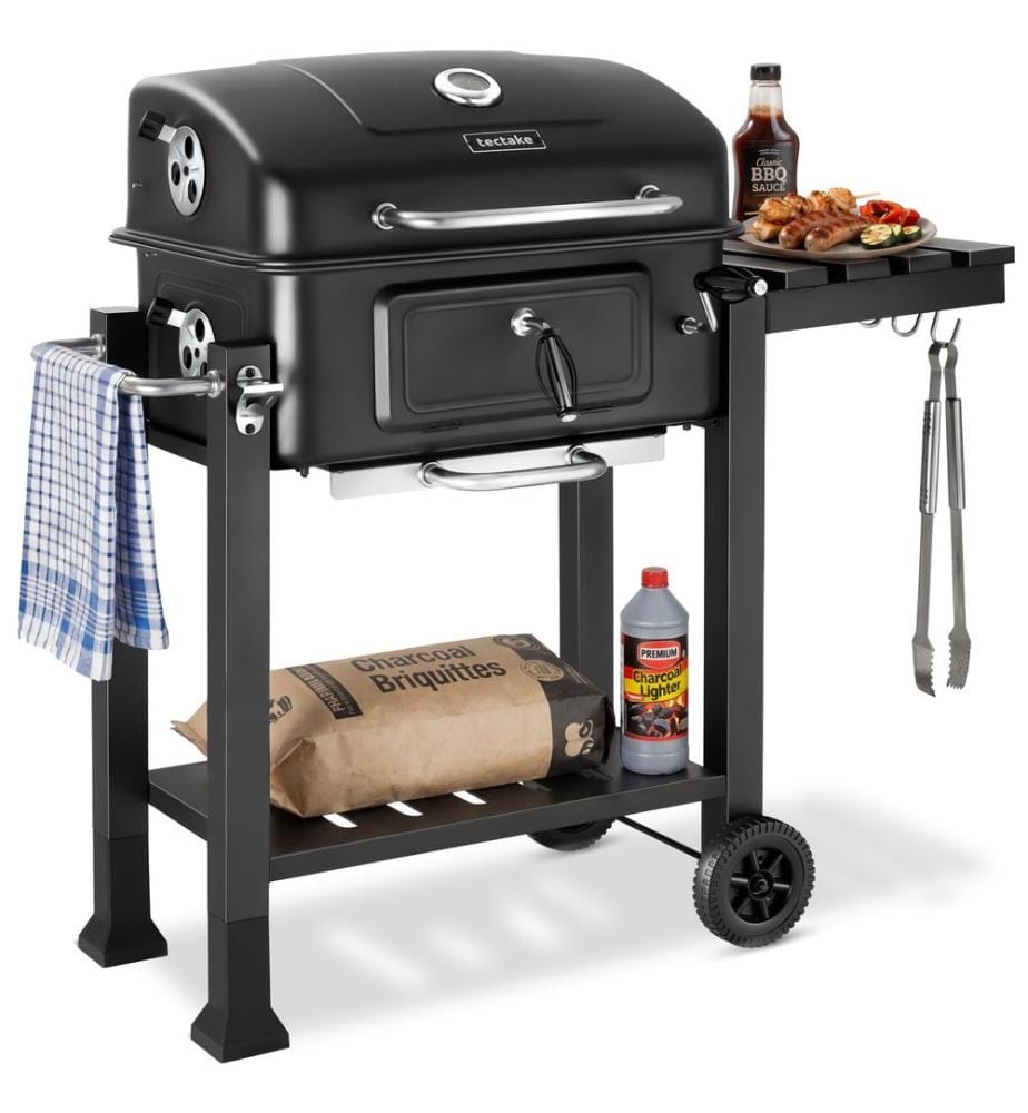 Barbecue au charbon de bois Florian avec 2 roues, bac à charbon réglable - noir