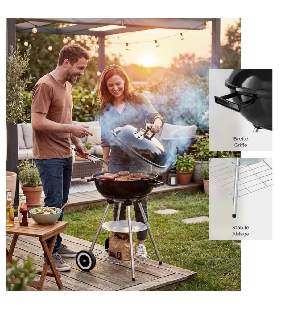 Barbecue sphérique à 2 roues, Ø 41,5 cm, cendrier amovible - noirgris