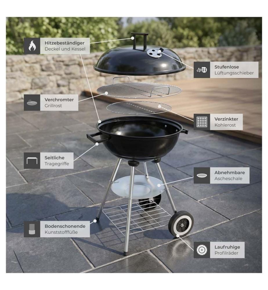 Barbecue sphérique à 2 roues, Ø 41,5 cm, cendrier amovible - noirgris