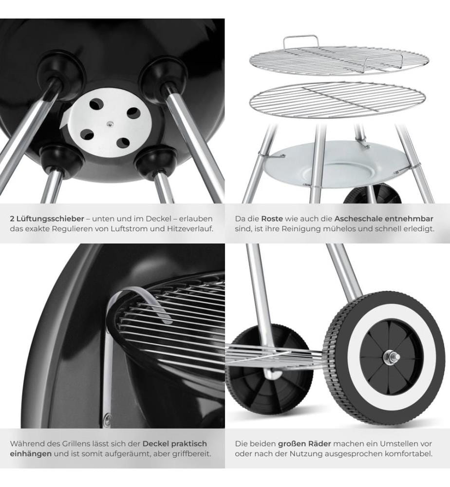Barbecue sphérique à 2 roues, Ø 41,5 cm, cendrier amovible - noirgris