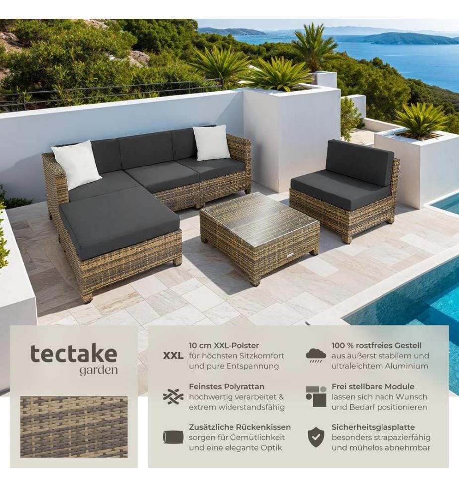 Salon en rotin avec structure en aluminium, housses incluses en 2 couleurs - marron naturel