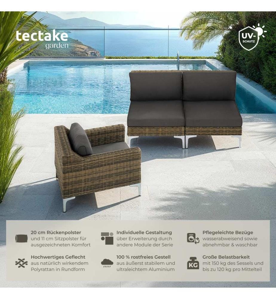 Ensemble modulaire en rotin Villanova Aluminium, lot de 3 canapés 2 places - gris anthracite chiné