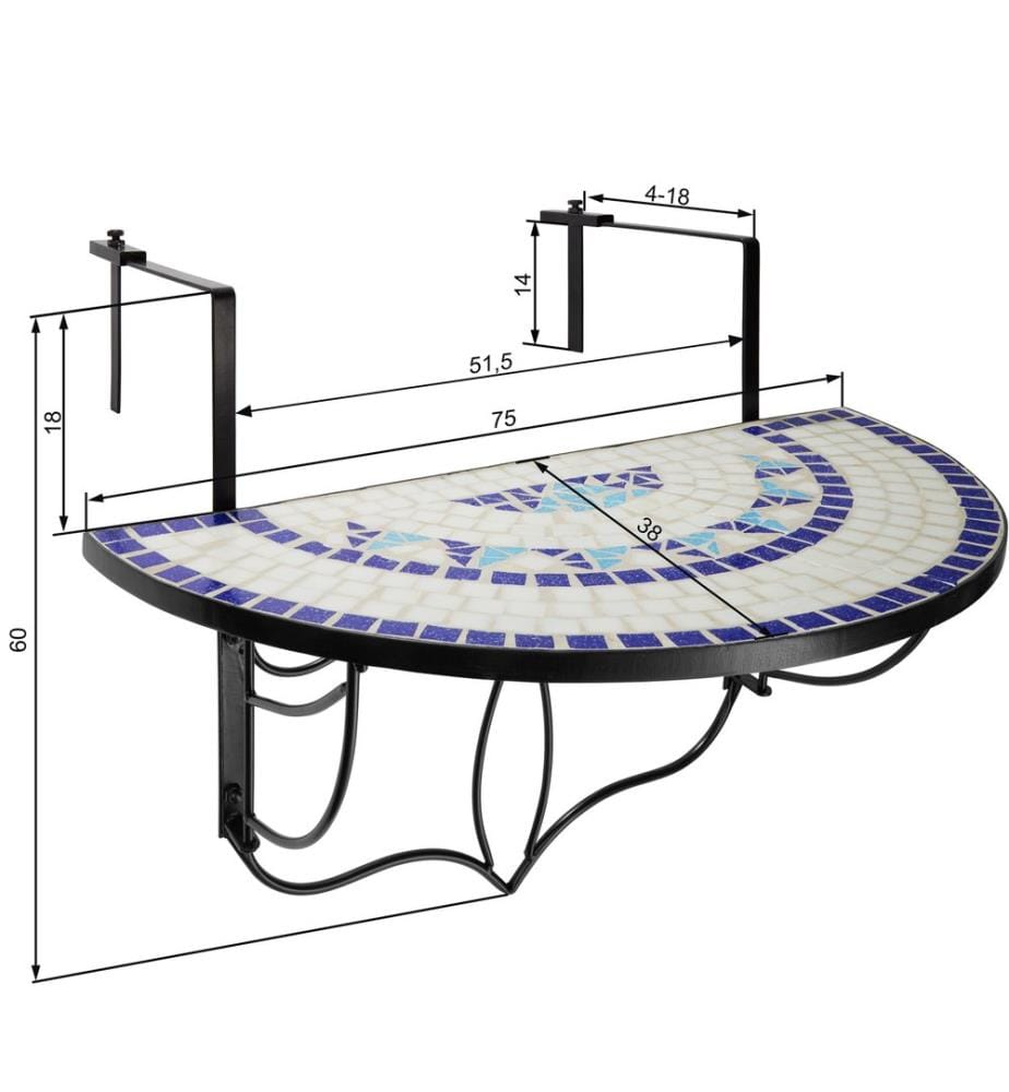 Table de balcon rabattable 75 x 65 x 62 cm - blancbleu