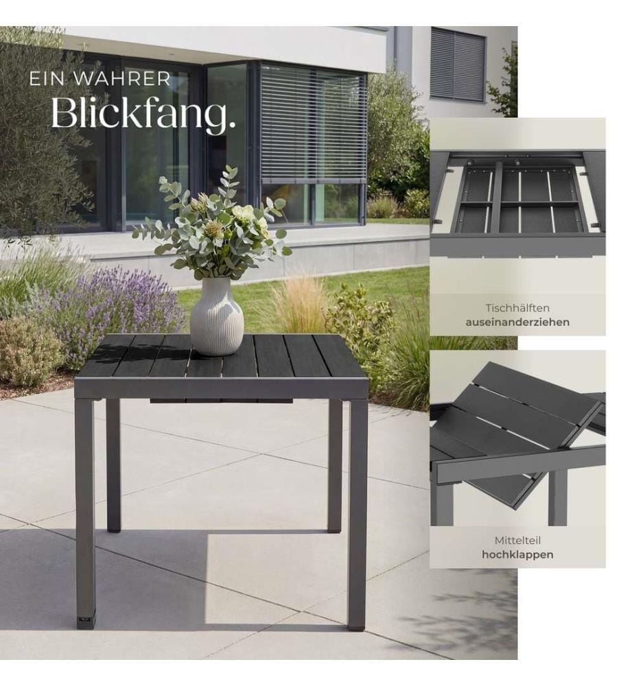 Table de jardin INCA en aluminium, extensible, aspect bois - noir