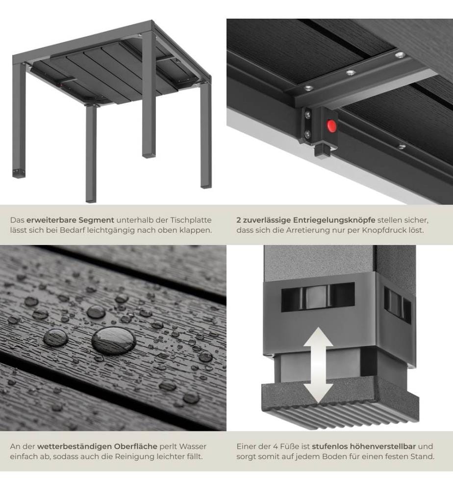Table de jardin INCA en aluminium, extensible, aspect bois - noir