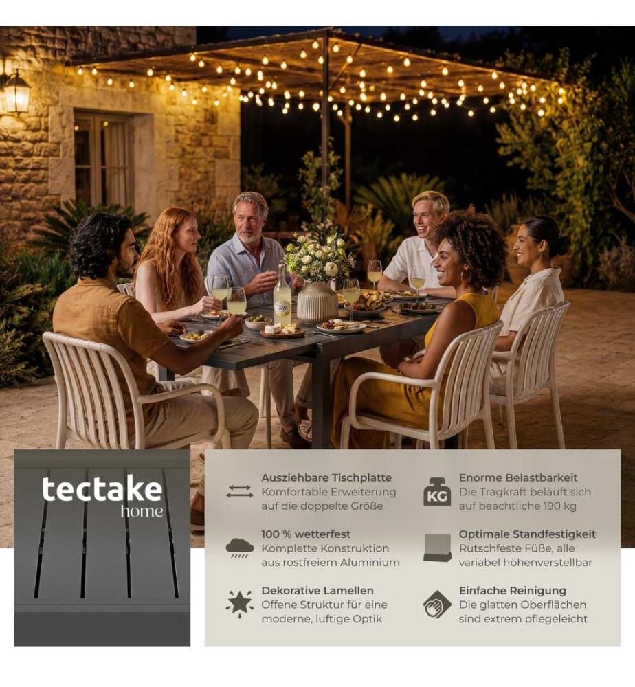 Table de jardin en aluminium Campos, extensible, réglable en hauteur - 80 x 80 160 cm