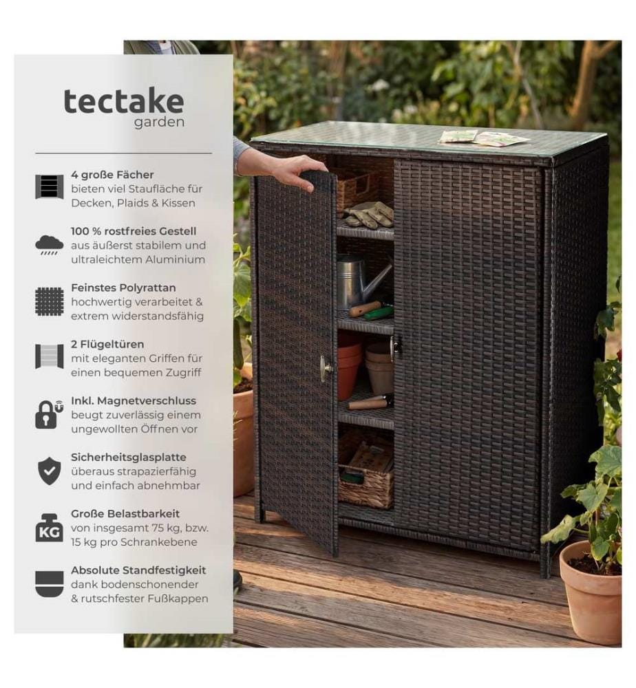 Armoire de jardin en rotin Monza, structure en aluminium, 4 compartiments - marron