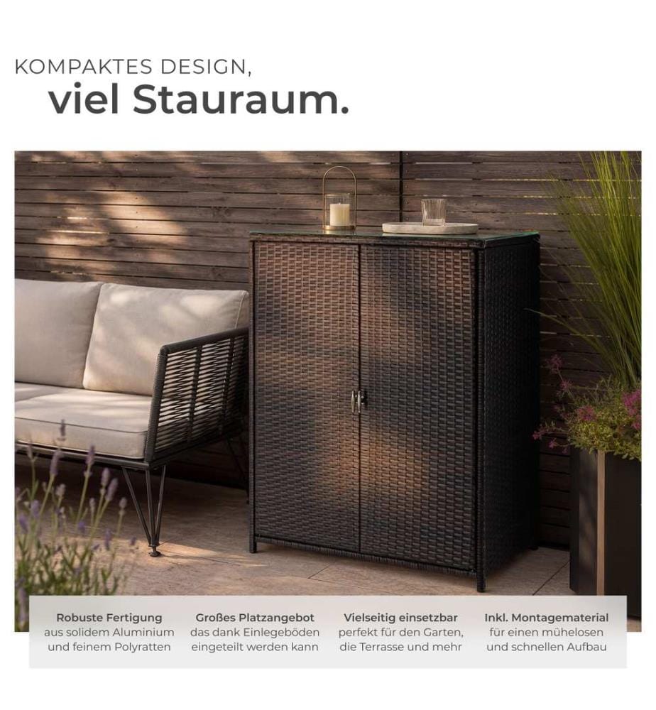Armoire de jardin en rotin Monza, structure en aluminium, 4 compartiments - marron