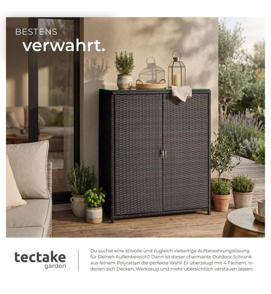 Armoire de jardin en rotin Monza, structure en aluminium, 4 compartiments - marron