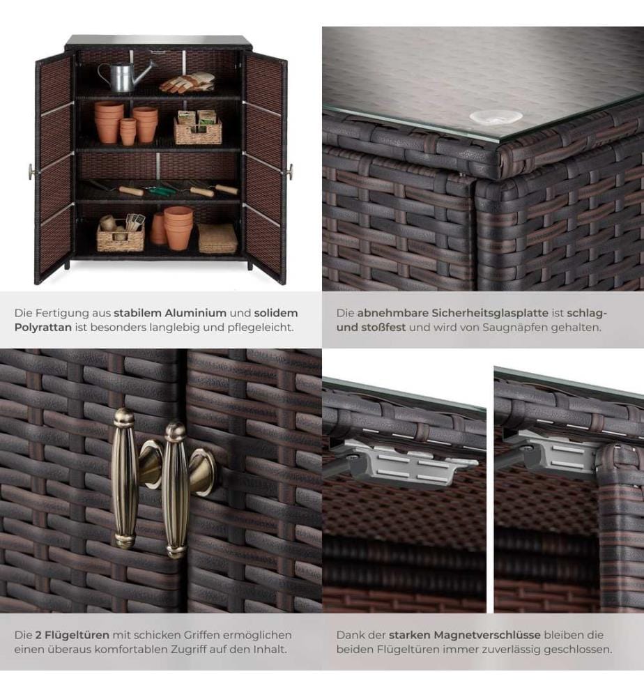 Armoire de jardin en rotin Monza, structure en aluminium, 4 compartiments - marron