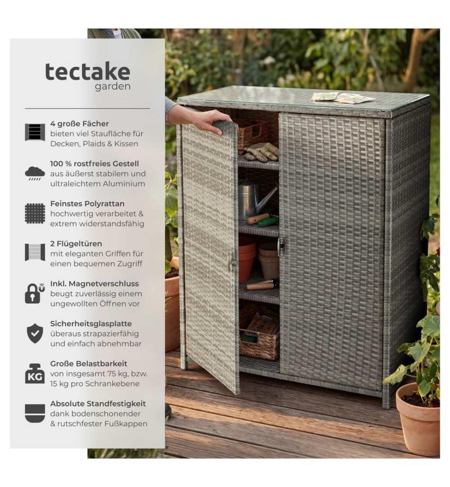 Armoire de jardin en rotin Monza, structure en aluminium, 4 compartiments - gris