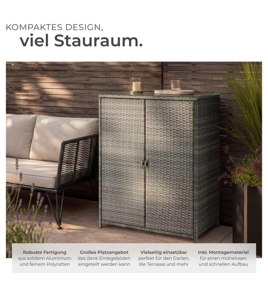 Armoire de jardin en rotin Monza, structure en aluminium, 4 compartiments - gris