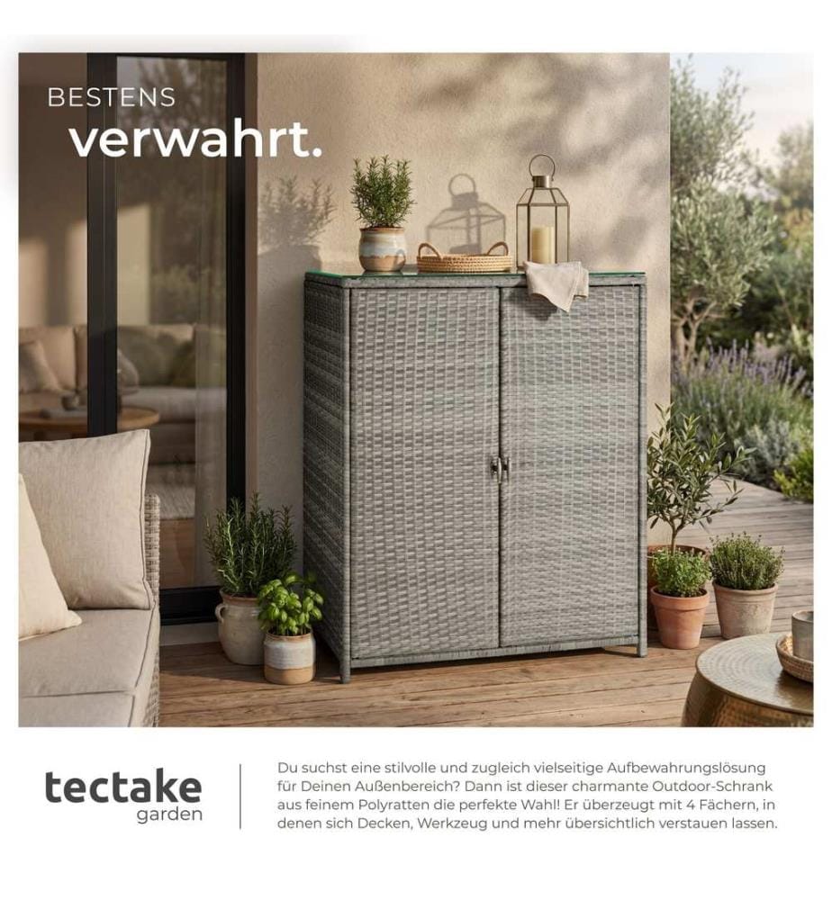 Armoire de jardin en rotin Monza, structure en aluminium, 4 compartiments - gris