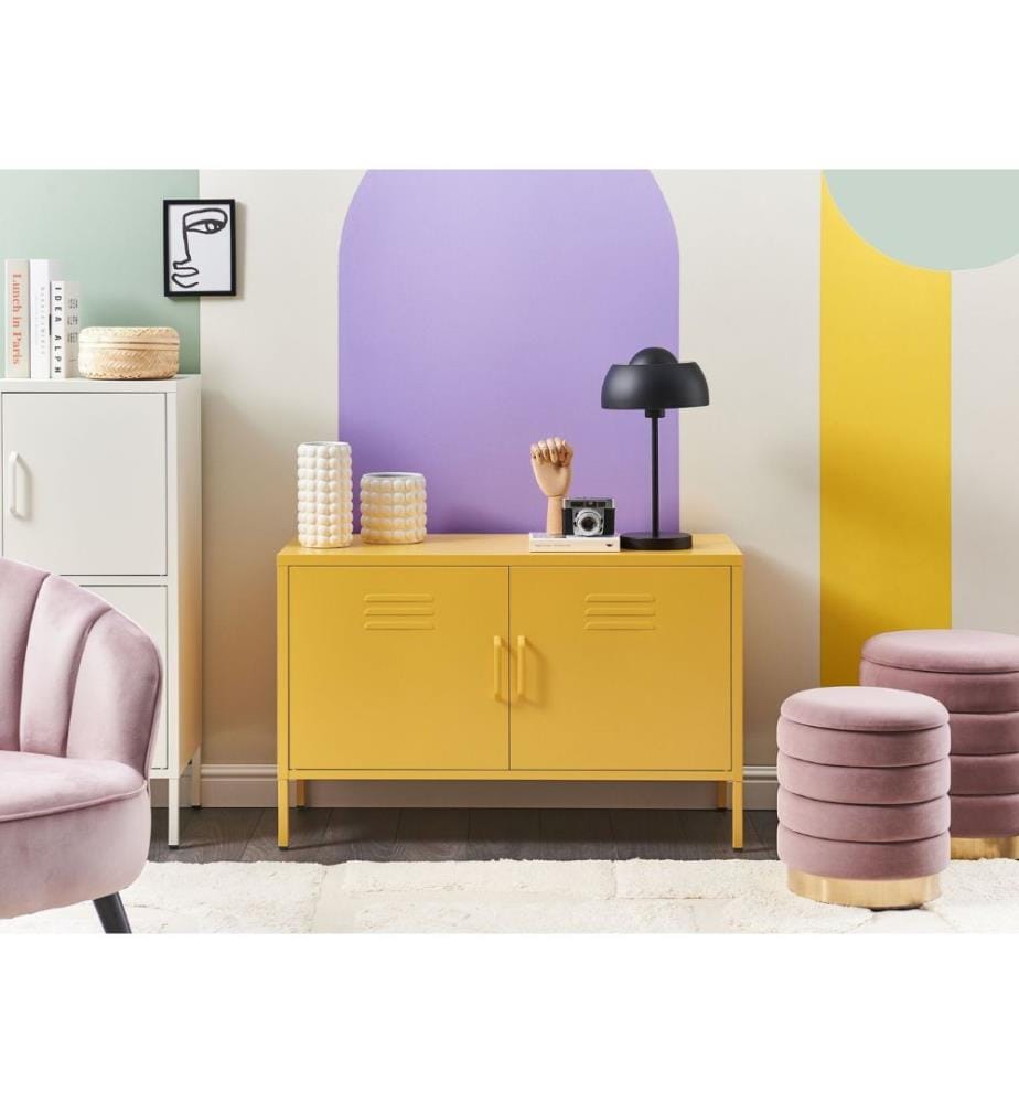 Buffet Jaune en Acier 65 x 100 x 40 cm à 2 Portes à Fentes 1 Etagère Mobilier pour Bureau Style Industriel Moderne