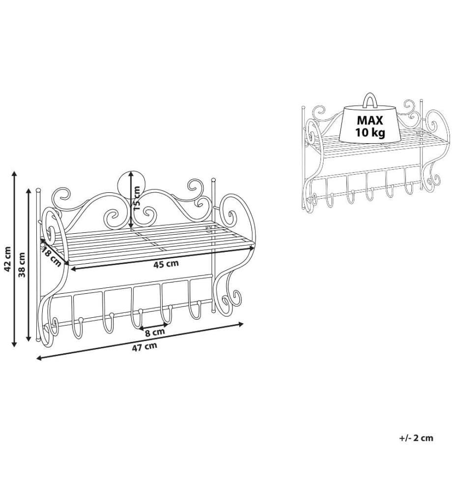 Wandregal Grau Metall mit 1 Boden 5 Haken Rechteckig Antik Optik Retro Badezimmer Wohnzimmer Schlafzimmer Wanddekoration