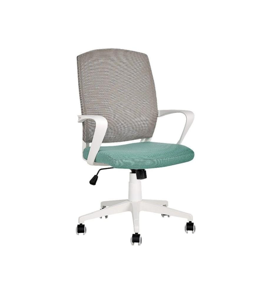 Bürostuhl Grau u. Blaugrün aus Stoff Gestell in Weiss Höhenverstellbar Drehbar Rollen Bequemer Drehstuhl Modernes Design für Büro Home Office