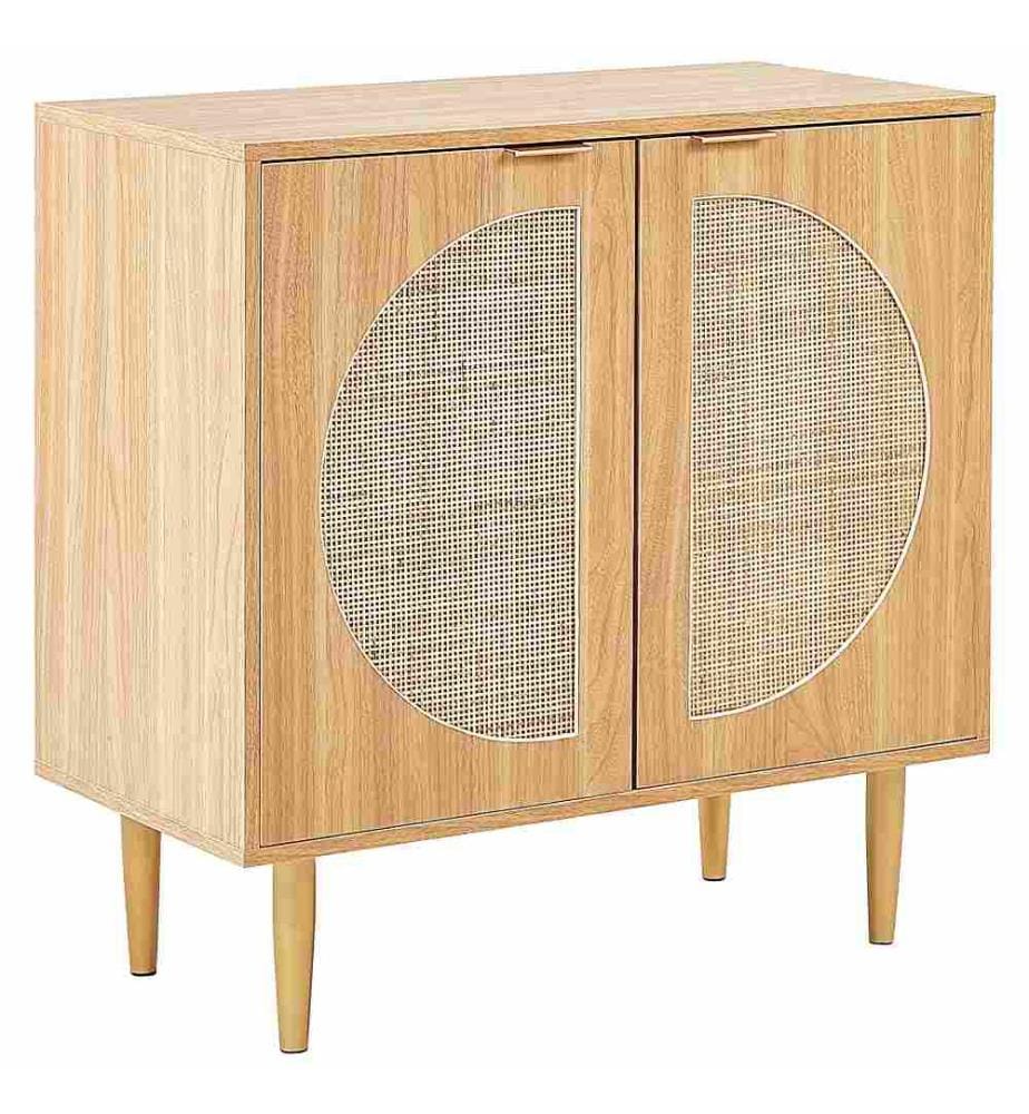 Commode Bois Clair en Rotin et MDF 80x 80 x 40 cm 2 Portes Demi-Lune Grillagées Style Boho Buffet Rangement pour Salon