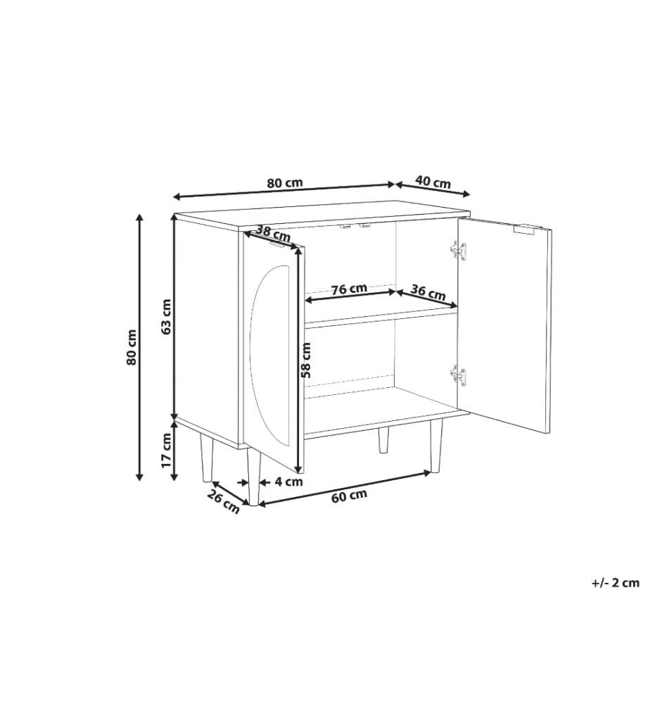Commode Bois Clair en Rotin et MDF 80x 80 x 40 cm 2 Portes Demi-Lune Grillagées Style Boho Buffet Rangement pour Salon